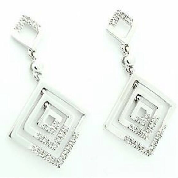 💛 14k White Gold Square Diamond Drop Earrings - Picture 5 of 8